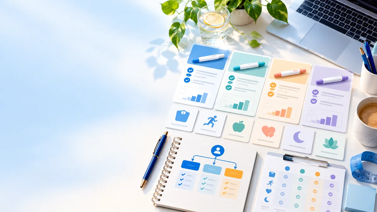 Sunny desk with color-coded care comparison cards, checklist and lifestyle icons