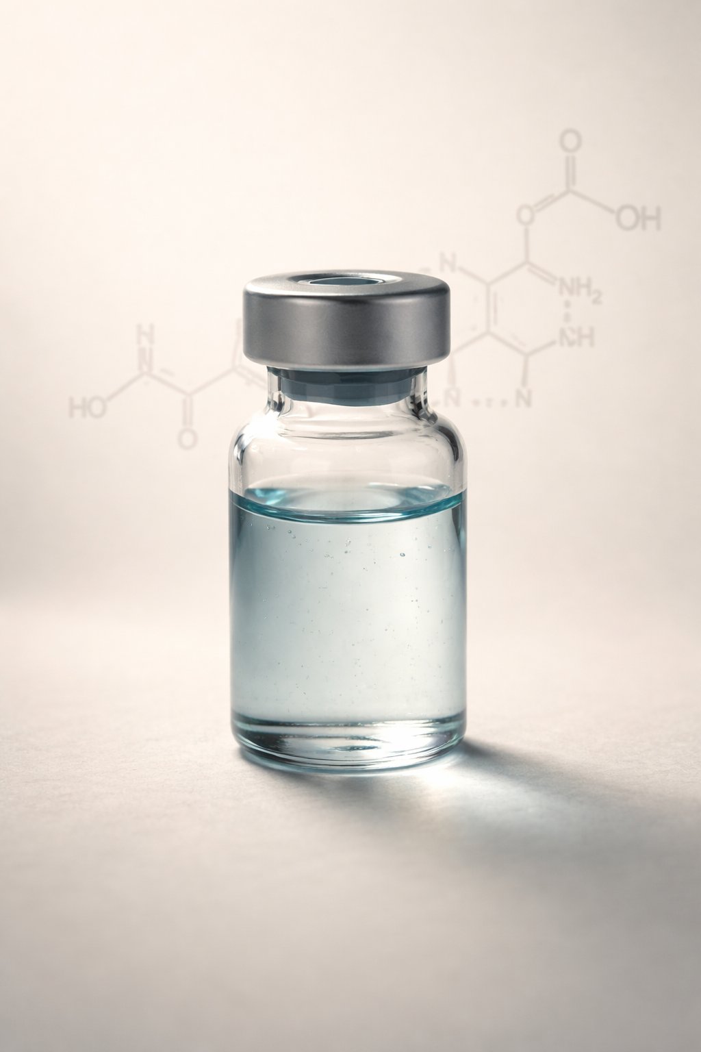 Glass pharmaceutical vial containing GLP-1 medication with molecular structure overlay